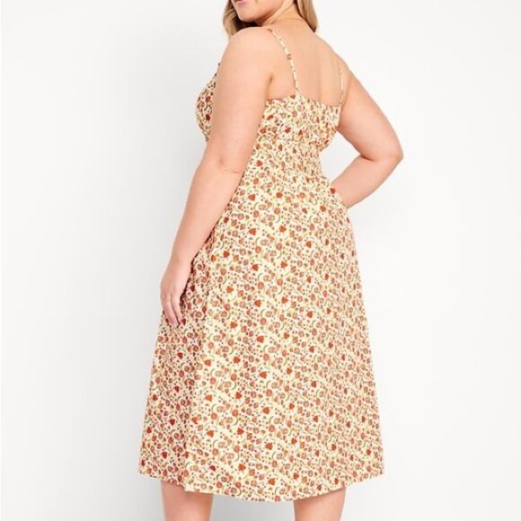 Old Navy Waist-Defined Cami Midi Dress Cream Orange Floral Cotton Cottage XL - Picture 1 of 15